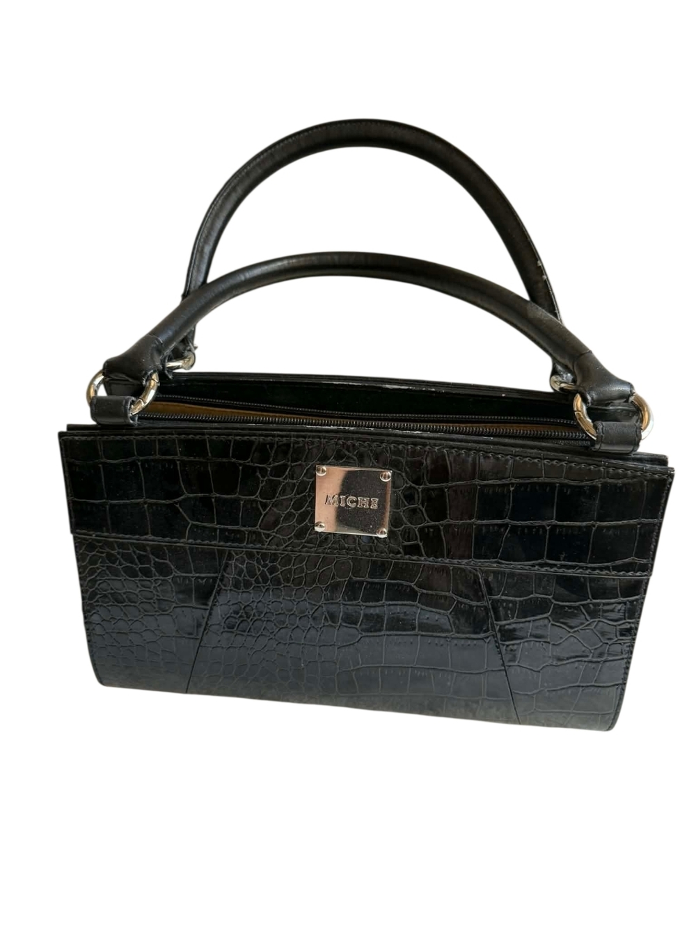 MICHE Black Croc-Embossed Top-Handle Bag, Shells (3) And Holder